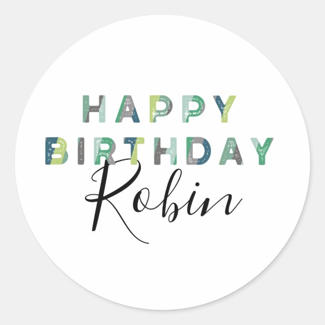 Personalisiert Blue Green Letters Happy Birthday Runder Aufkleber (Vorderseite)