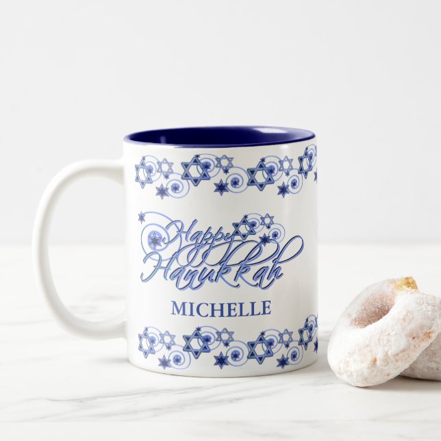 Personalisiert Blue Happy Hanukkah Star Wirbel Zweifarbige Tasse (Mit Donut)