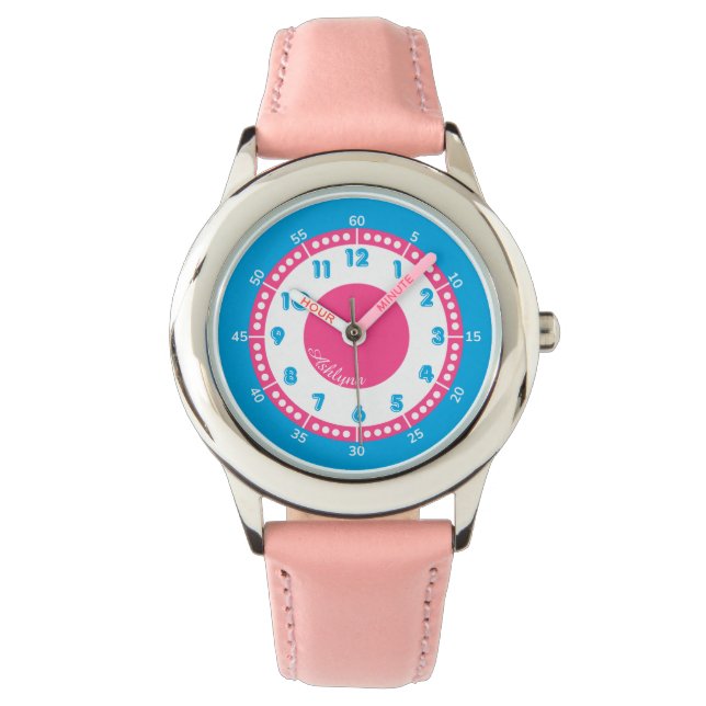 Personalisiert Blue & Hot Pink Girls Unterricht Armbanduhr (Vorderseite)