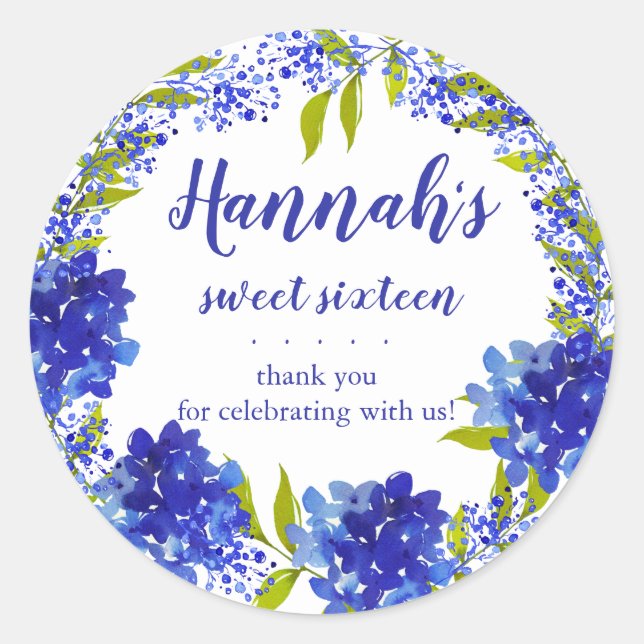 Personalisiert Blue Hydrangea Danke Sweet Sixtee Runder Aufkleber (Vorderseite)