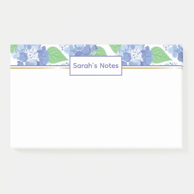 Personalisiert Blue Hydrangea Floral Post-it Notes Klebezettel (Vorderseite)