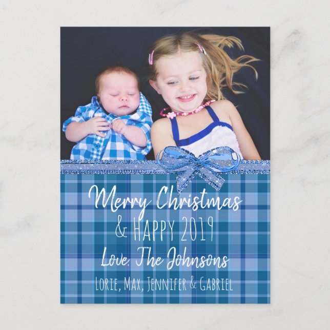 Personalisiert Blue Kariert Foto Weihnachtskarte Postkarte (Vorderseite)