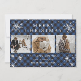 Personalisiert Blue Kariert Snowflake 3 FotoCollag Feiertagskarte