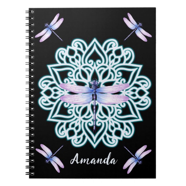 Personalisiert Blue Lila Dragonfly Mandala Black Notizblock (Vorderseite)