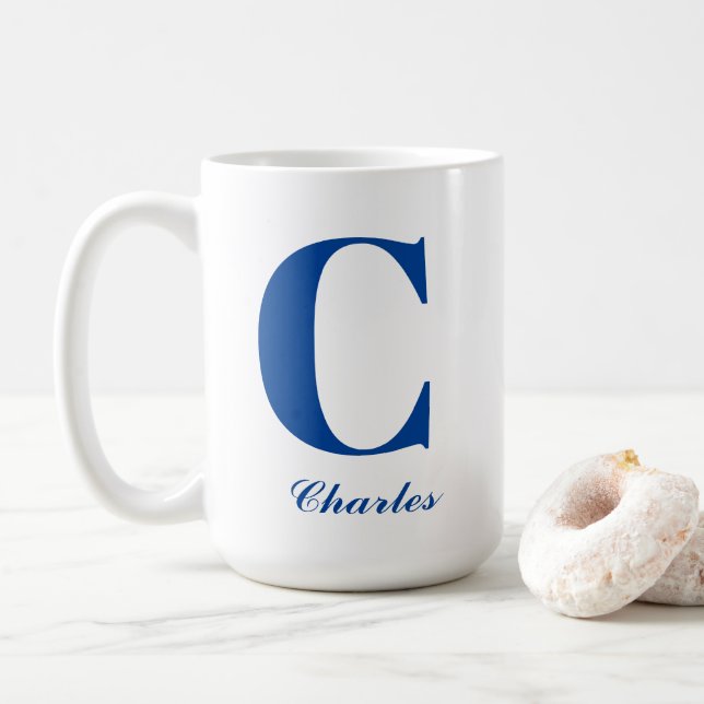 Personalisiert Blue Monogram Initial und Name Kaffeetasse (Mit Donut)