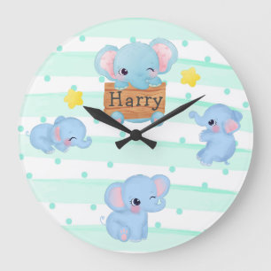 Personalisiert Blue Pink Baby Elephant Kinderzimme Große Wanduhr