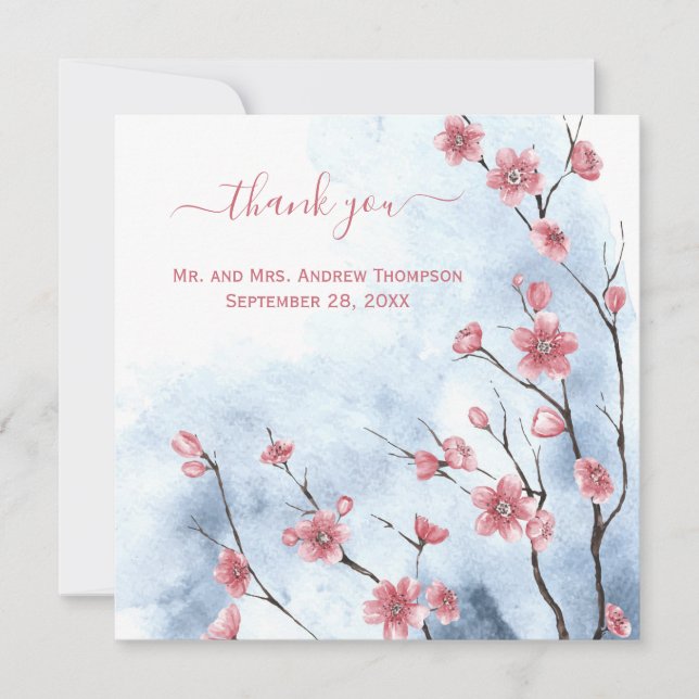 Personalisiert Blue Pink Floral Wedding Vielen Dan Karte (Vorderseite)