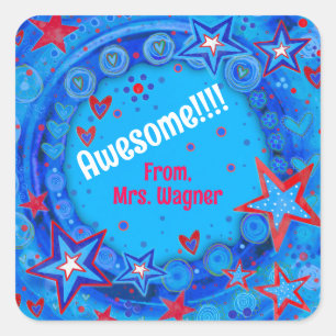 Personalisiert Blue Red Stars Motivierend Teacher Quadratischer Aufkleber
