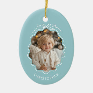 Personalisiert Blue Simple Bow Wavy Foto Weihnacht Keramik Ornament