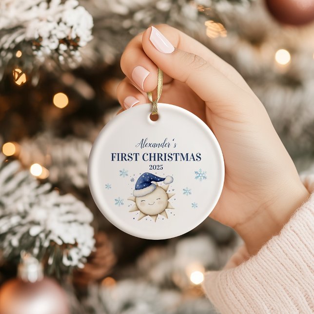 Personalisiert Blue Sun Stars Erste Weihnachten Keramik Ornament (Von Creator hochgeladen)