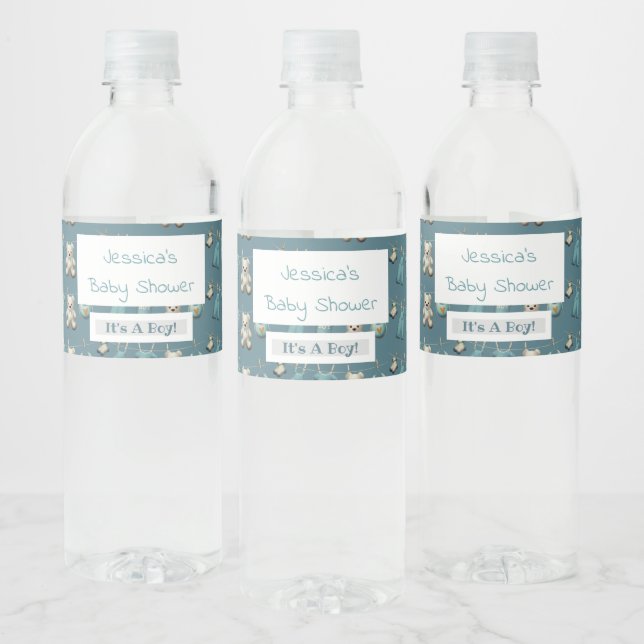Personalisiert Blue Teddy Bear Boy Baby Dusche Wasserflaschenetikett (Flaschen)