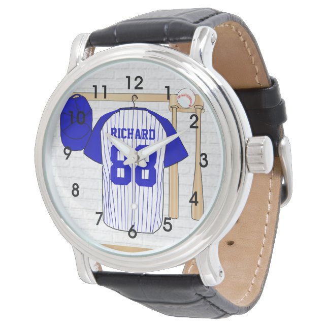 Personalisiert Blue und White Baseball Jersey Armbanduhr (Schrägansicht)