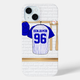 Personalisiert Blue und White Baseball Jersey iPhone 15 Hülle