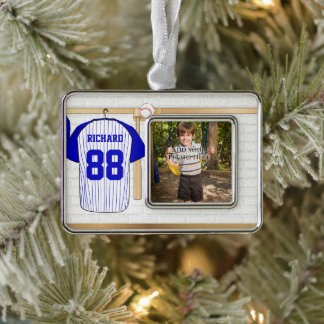 Personalisiert Blue und White Baseball Jersey Rahmen-Ornament Silber