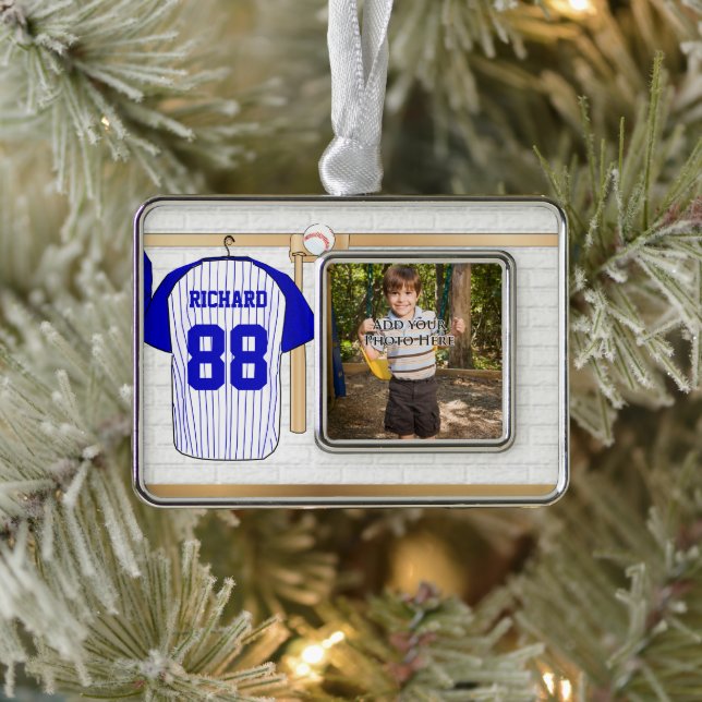 Personalisiert Blue und White Baseball Jersey Rahmen-Ornament Silber (Baum)