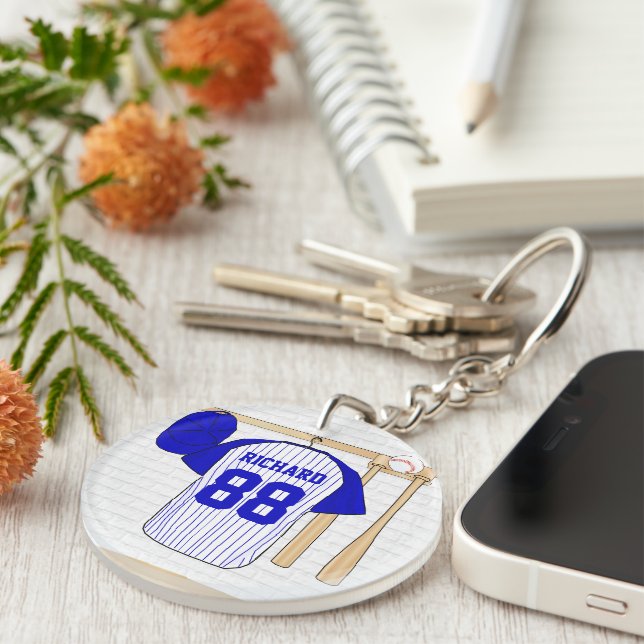 Personalisiert Blue und White Baseball Jersey Schlüsselanhänger (Vorderseite rechts)
