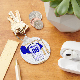 Personalisiert Blue und White Baseball Jersey Schlüsselanhänger