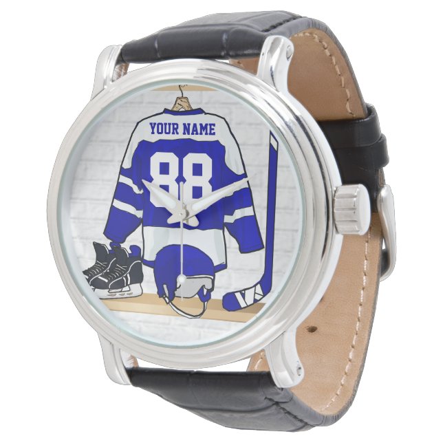 Personalisiert Blue und White Ice Hockey Jersey Armbanduhr (Schrägansicht)