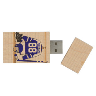 Personalisiert Blue und White Ice Hockey Jersey Holz USB Stick