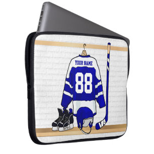 Personalisiert Blue und White Ice Hockey Jersey Laptopschutzhülle