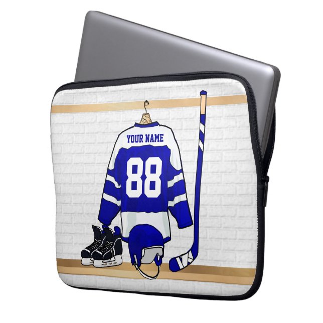 Personalisiert Blue und White Ice Hockey Jersey Laptopschutzhülle (Vorderseite Links)