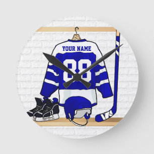 Personalisiert Blue und White Ice Hockey Jersey Runde Wanduhr