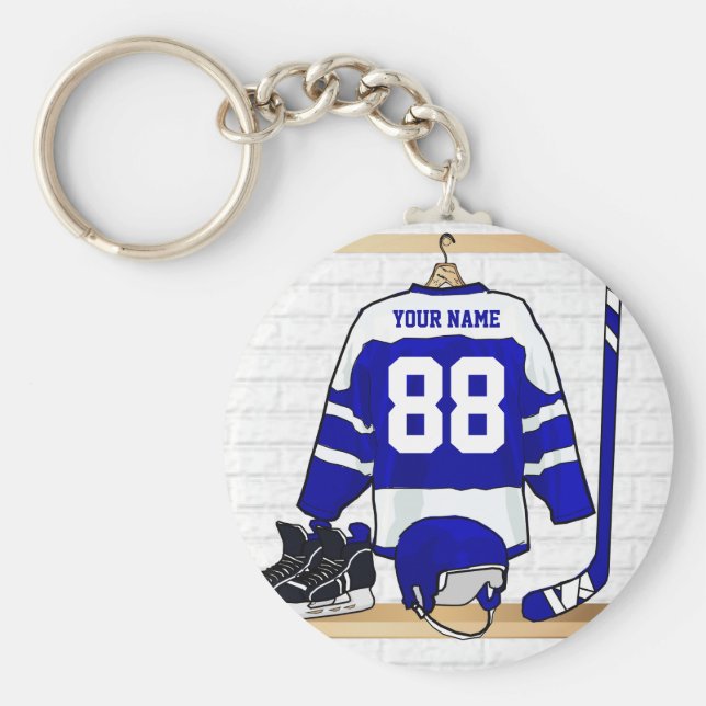 Personalisiert Blue und White Ice Hockey Jersey Schlüsselanhänger (Vorne)
