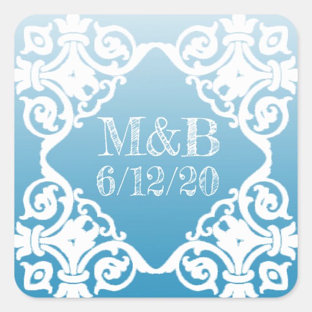Personalisiert Blue Wedding Date & Initials Sticke Quadratischer Aufkleber (Vorderseite)