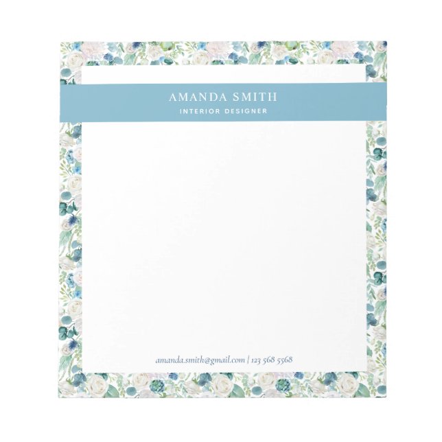 Personalisiert Blue White Floral Romantic Elegante Notizblock (Vorderseite)