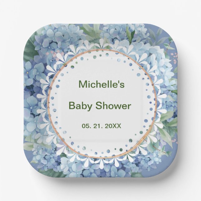 Personalisiert Blue & White Florals Baby Dusche Pappteller (Vorderseite)