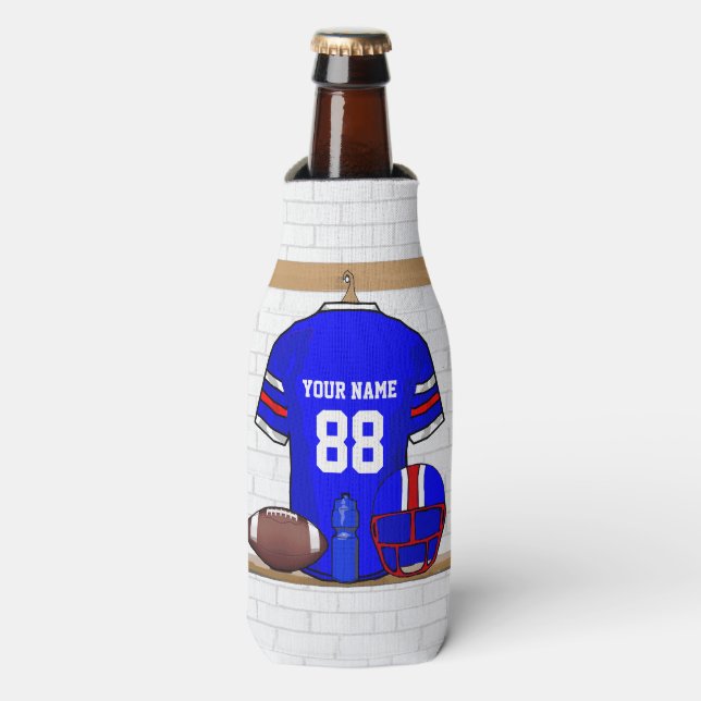 Personalisiert Blue White Football Jersey Flasche Flaschenkühler (Flaschenvorderseite)