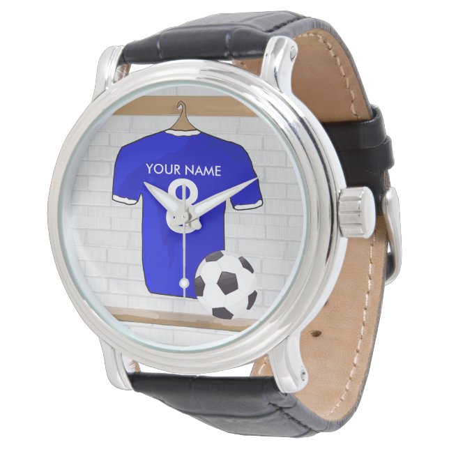 Personalisiert Blue White Football Soccer Jersey Armbanduhr (Schrägansicht)