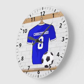 Personalisiert Blue White Football Soccer Jersey Große Wanduhr