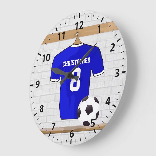 Personalisiert Blue White Football Soccer Jersey Große Wanduhr (Winkel)