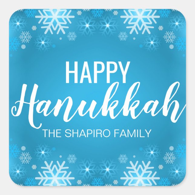 Personalisiert Blue White HAPPY HANUKKAH Schneeflo Quadratischer Aufkleber (Vorderseite)