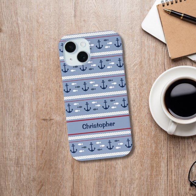 Personalisiert Blue White Nautic Anchors Case-Mate iPhone Hülle (Nautical Blue Red White Anchors Ships Sailing Boating Monogrammed iPhone Case)