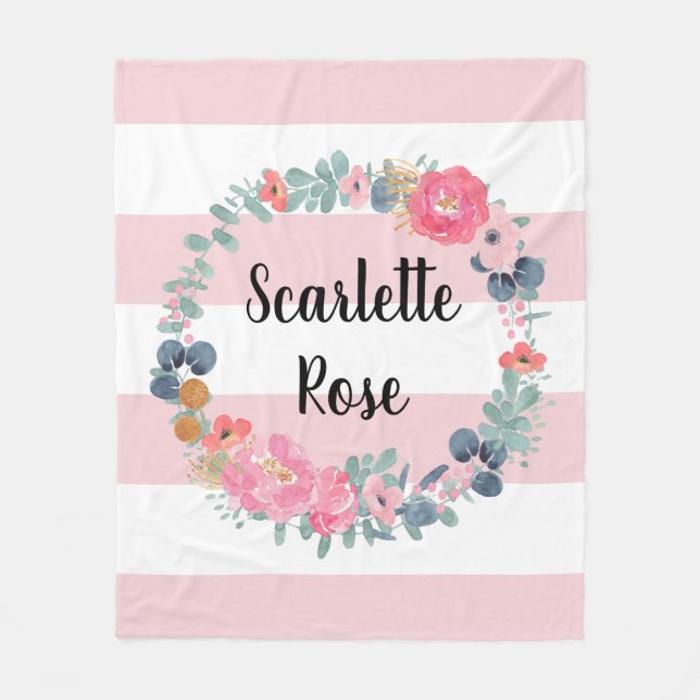 Personalisiert Blush Pink Baby Girl Blumenreath Fleecedecke (Vorderseite)