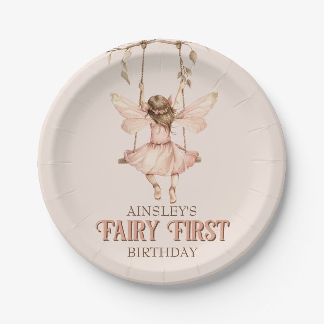 Personalisiert Blush Pink Fairy Erster Geburtstag Pappteller (Vorderseite)