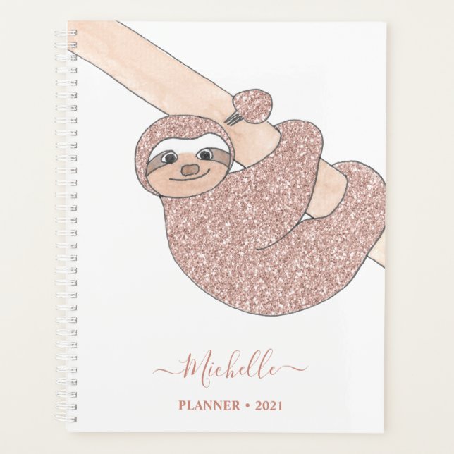 Personalisiert Blush Pink Glitzer Sloth  Planer (Vorderseite)