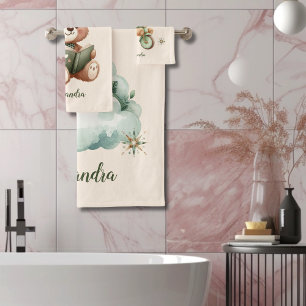 Personalisiert Boho Green Teddy Bear Badhandtuch Set