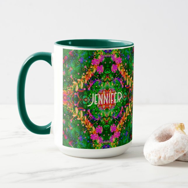 Personalisiert Boho Pattern Green Inspirivity Tass Tasse (Mit Donut)