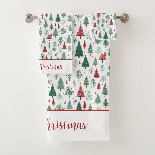 Personalisiert Boho Red Green Weihnachtsbaum Urlau Badhandtuch Set (Insitu)