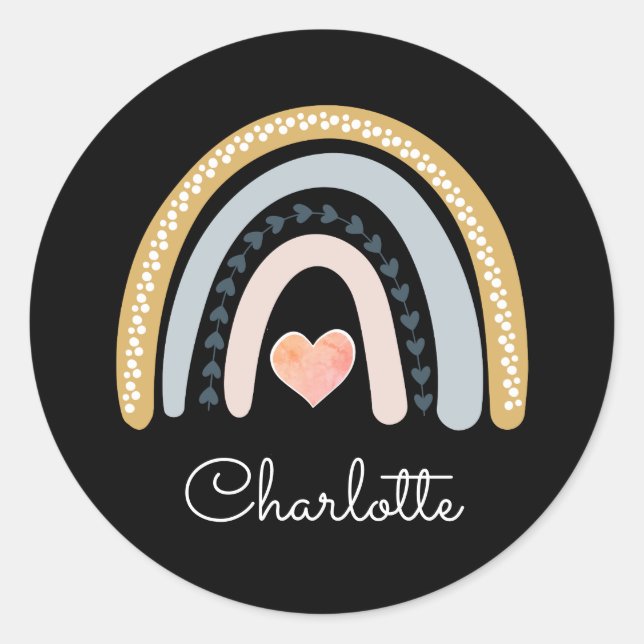 Personalisiert Boho Watercolor Rainbow Black Runder Aufkleber (Vorderseite)