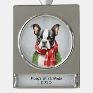 Personalisiert Boston Terrier Banner-Ornament Silber