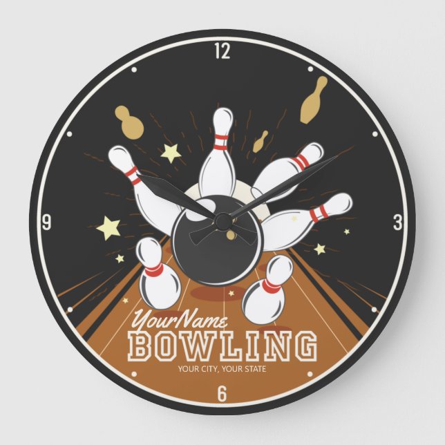 Personalisiert Bowler Strike Bowling Lanes Ball Bu Große Wanduhr (Vorderseite)
