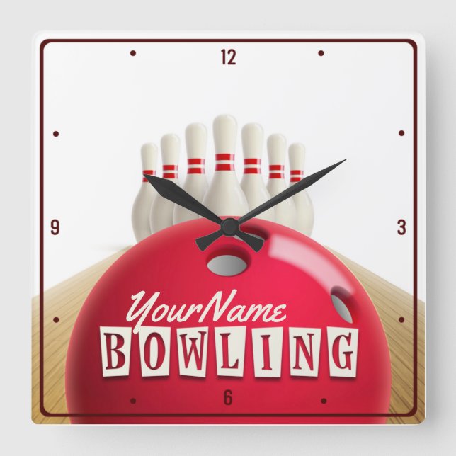 Personalisiert Bowling Ball Lanes Buttone Retro Le Quadratische Wanduhr (Vorderseite)