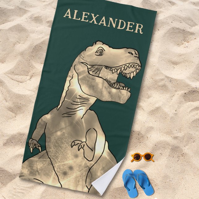 Personalisiert Boy Name Dinosaur Strandtuch (T-Rex dinosaur boys custom name beach towel for dino lovers)