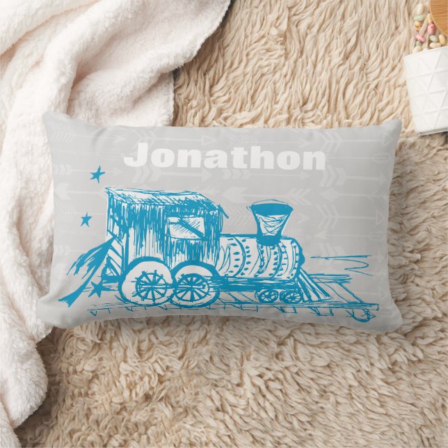 Personalisiert Boy's Room Gray Blue Choo Choo Trai Lendenkissen (Decke)