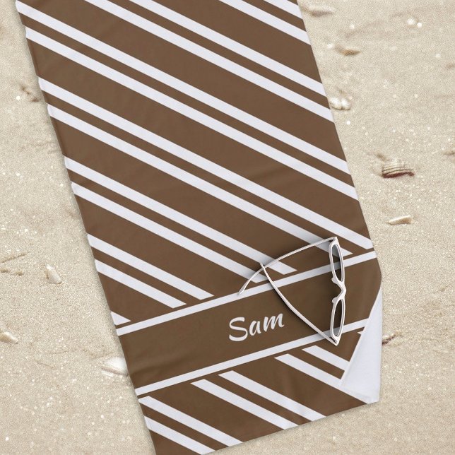 Personalisiert-braune und weiße Streifen Strandtuch (brown and white striped beach towel to be personalized.)