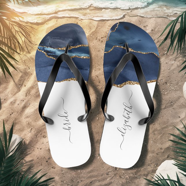 Personalisiert Bride Blue Gold Agate Wedding Flip Flops (Von Creator hochgeladen)